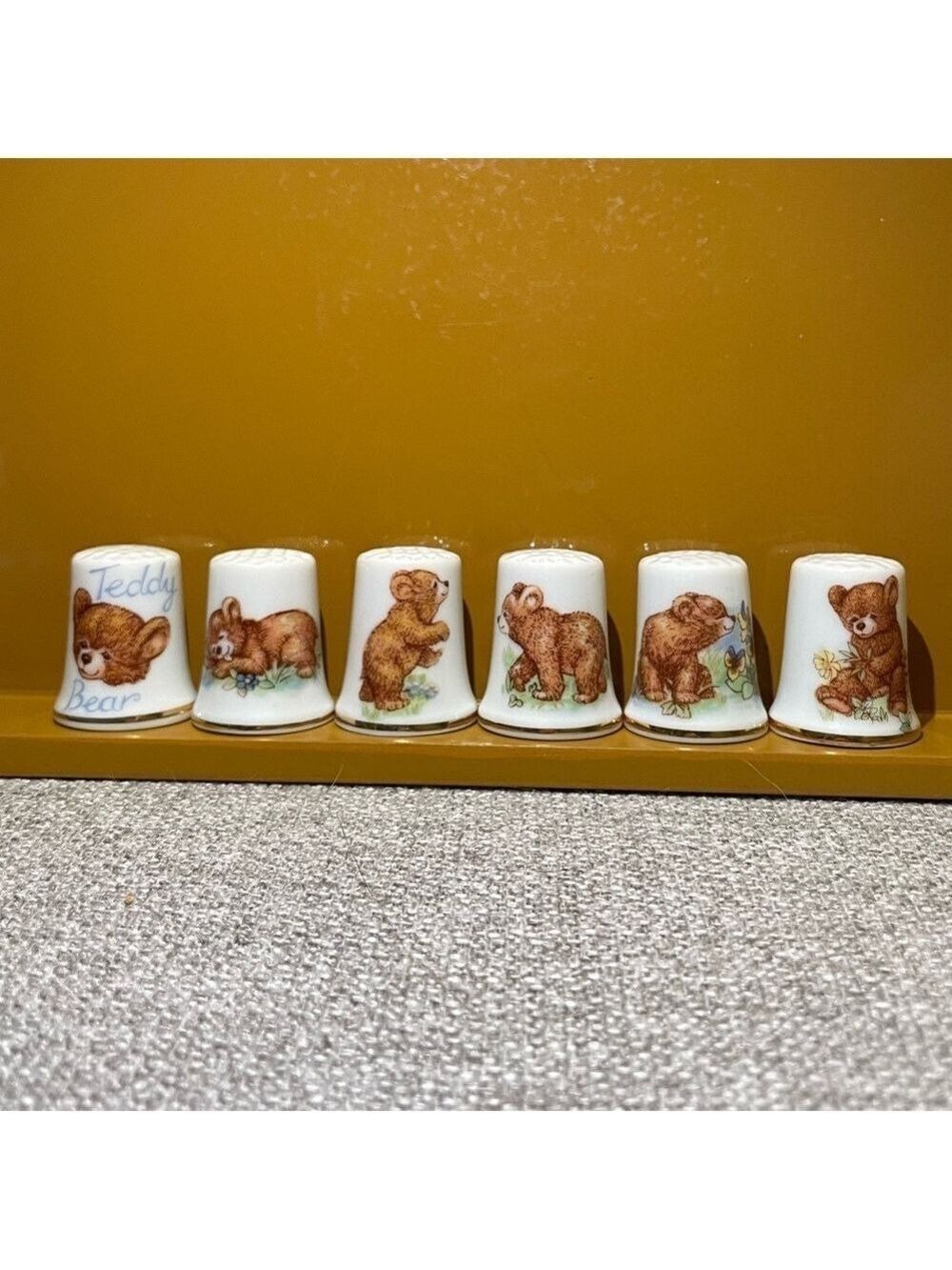 Vintage 6PC Collectible Bear-Themed Bone China Thimbles